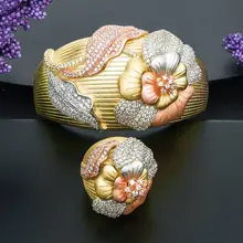ModemAngel Fashion Design Flower Shape Jewelry Accessories Bangle And Ring Set for Women 3 Tones High Quality Gift dazz special design lily flower shape wide bangle ring sets three tones color copper jewelry set full rhinestones wedding bijoux
