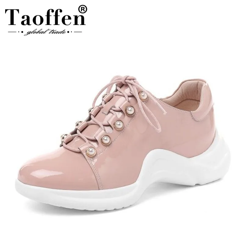 

Taoffen Women Vulcanized Shoes Genuine Leather Beading Cross Strap Daily Casual Club Shoes Women Thick Bottom Shoes Size 33-43
