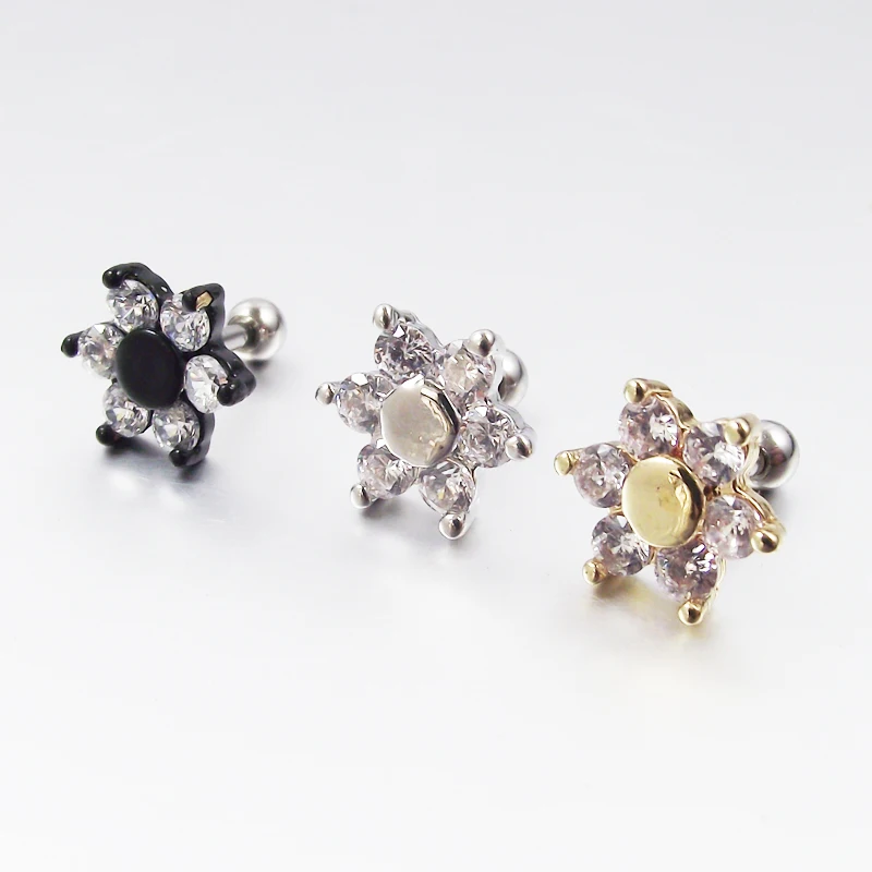 

1 Piece 1.2x6mm Bar surgical Stainless Steel Barbell Earring Flower Zircon Flowers Crystal Tragus Ear Piercing Body Jewelry