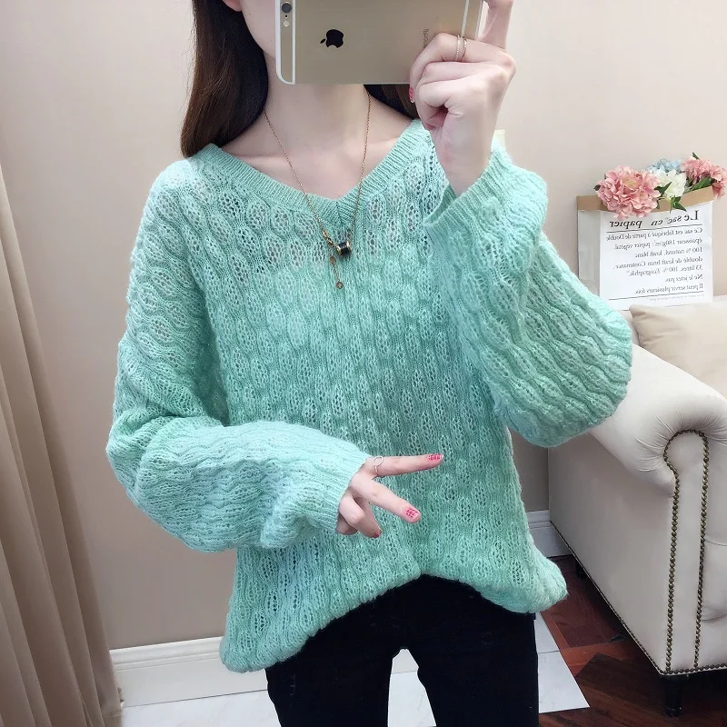 

Heyezui v-neck brief hollow out Sweater Female 2019 Autumn Winter Knitted Women Sweater Pullover