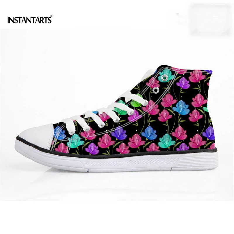 

INSTANTARTS Stylish Flower Print Women Canvas Shoes Leisure High Top Vulcanized Shoe for Ladies Designer Teenagers Lace Up Flats