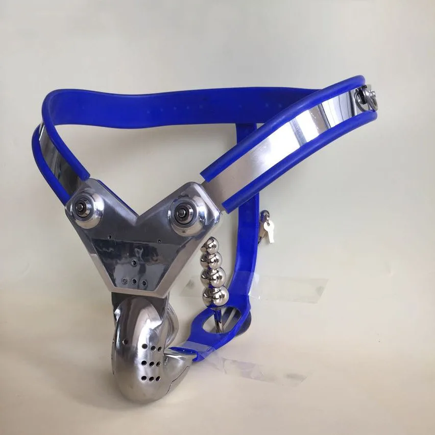 

Newest blue silicone liner metal stainless steel male chastity belt device beauty sexy butt plug panties sextoys adults for men