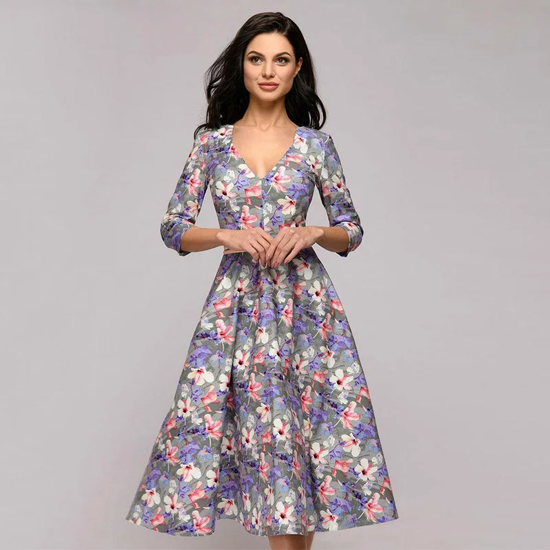 

Bohemian Purple Print Dress Fashion Chiffon Prom Mid-Calf Elegant Brand Clothing V-Neck Birthday Dress For Women Autumn 2019