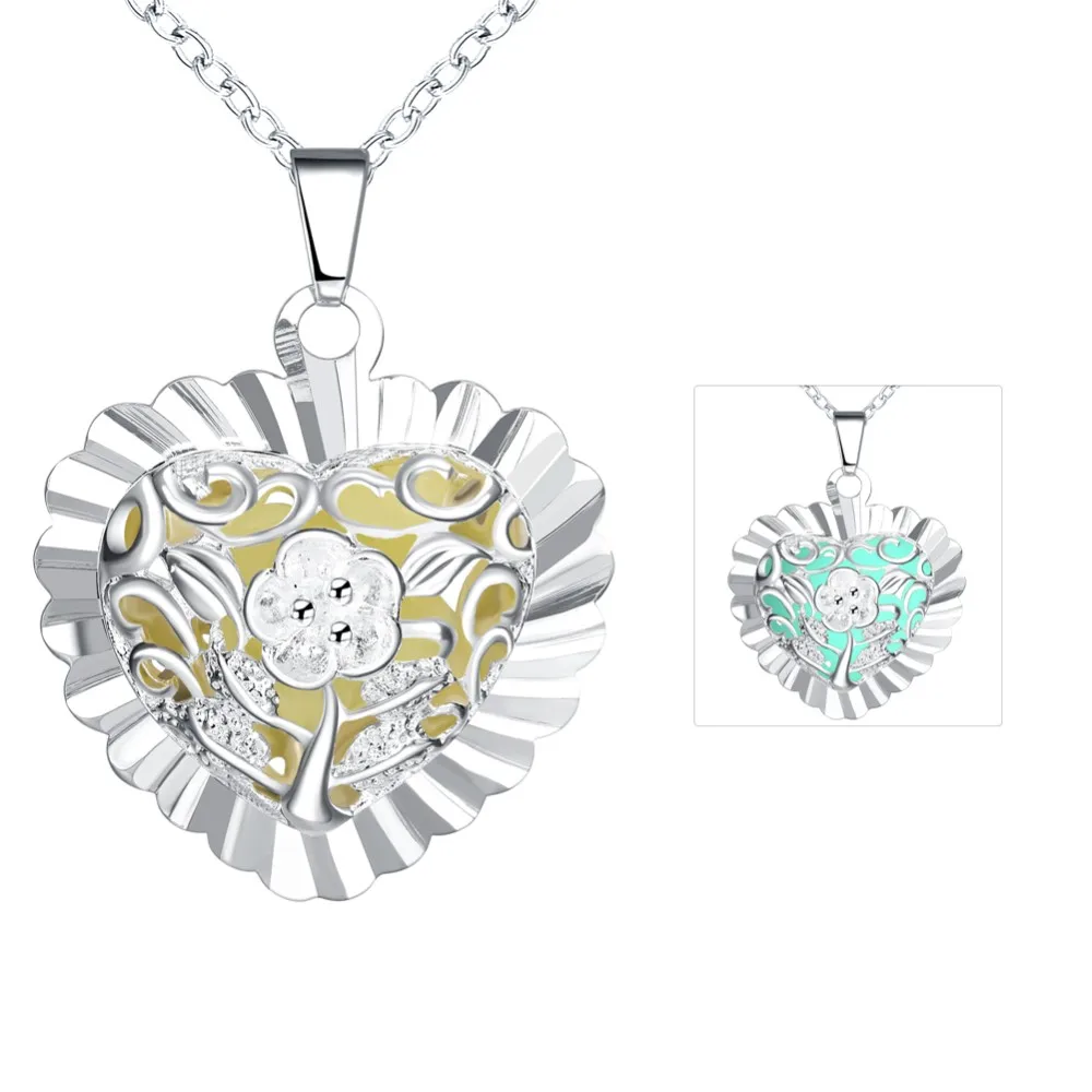New Silver Plated Hollow Heart Pendant Necklace Magic Luminous Glow in