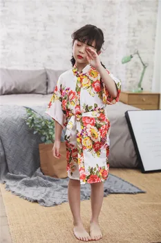 

Bathrobe Satin Flower Girl Robe Summer Kimono Bath Robes Bridesmaid Girl Dress Silk stain Nightgown Peony White Robes