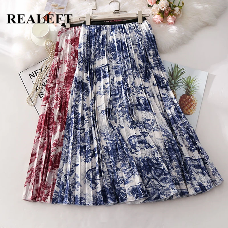 

REALEFT New Arrival Women Floral Printed Vintage Pleated Long Skirts High Waist Harajuku Tulle A-Line Mid-Calf Skirts for Ladies