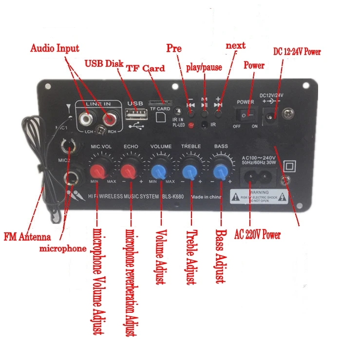 AC 220 В 12 В 24 в цифровой Bluetooth стерео усилитель доска сабвуфер двойной микрофон караоке усилители с пультом