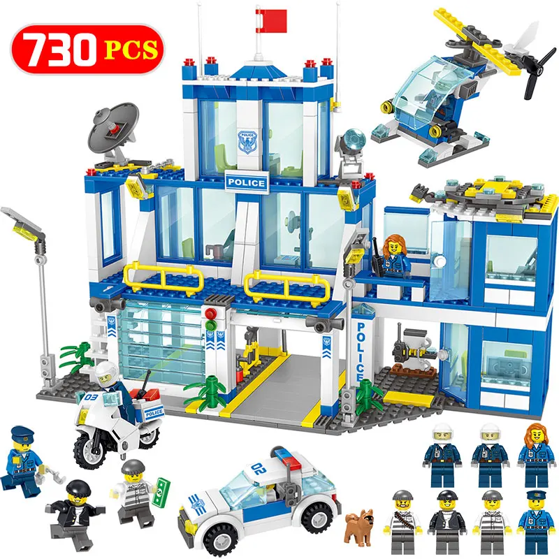 City Police Station Model Building Blocks Kits Compatible Legoed City Policeman Helicopter 730pcs Sets Bricks Educational Toys