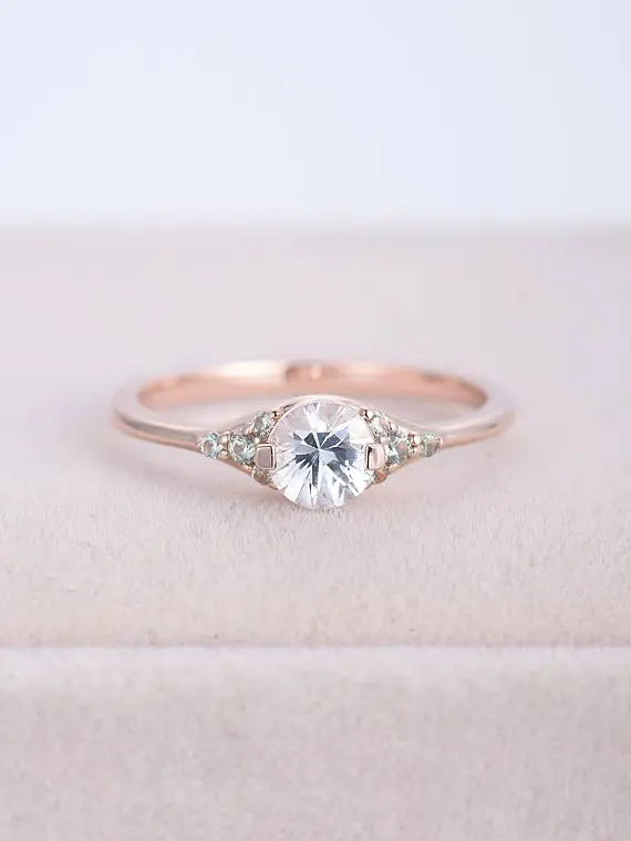 

MYRAY Natural White Sapphire Engagement Ring Round Cut Solid 14k Rose Gold Green Sapphire Wedding Band Women Bridal Anniversary