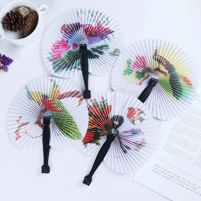 

1PCS Chic Female Handheld Fan Chinese Pocket Folding Hand Fan Round Circle Printed Paper Decorative Fan Party Decor Gift Random