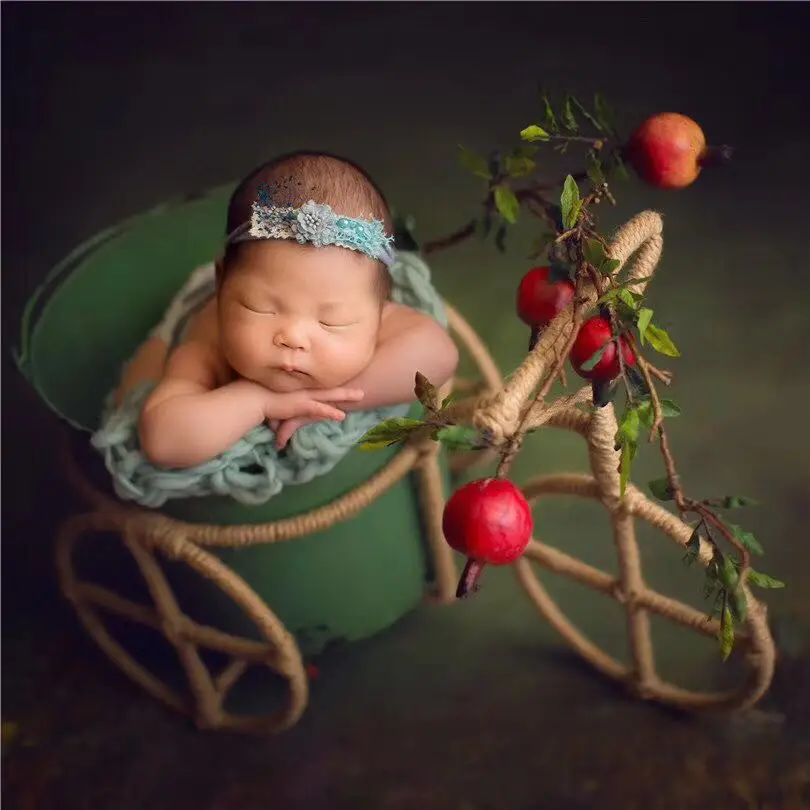 Original newborn photography props newborn baby photo with bicycle manual twine woven baby cart