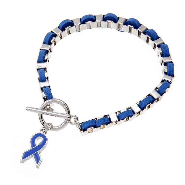 PBR078, Enamel Blue Ribbon Awareness Lapel Charm Chain Bracelets For