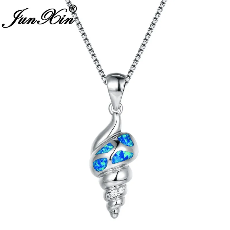

JUNXIN Ocean Blue White Fire Opal Necklace Shell Conch Pendants For Women 925 Sterling Silver Filled Bar Necklaces Wedding Gifts