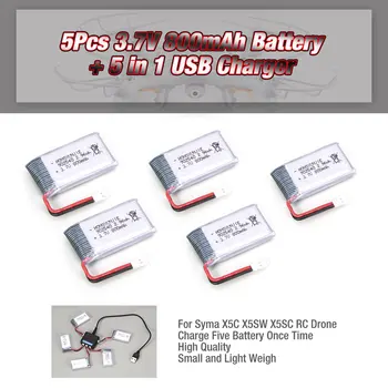 

5Pcs 3.7V 800mAh Battery + 5 in 1 USB Charger for Syma X5 X5C X5SW X5SC MJX X705C RC Drone Quadcopter Spare Battery RC Parts
