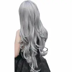QQXCAIW Wemene длинные волнистые косплэй вечерние серый 80 см синтетические волосы Искусственные парики