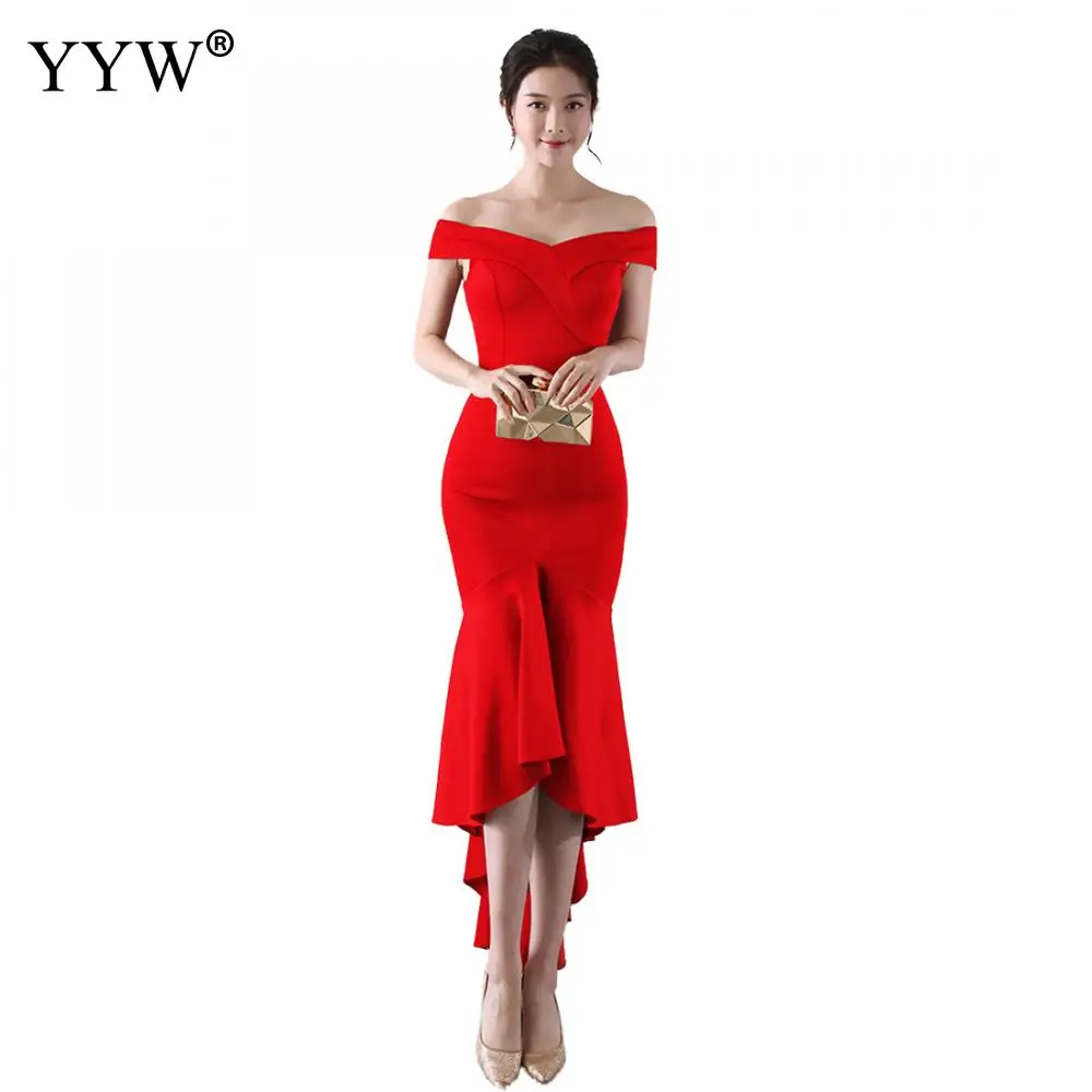 

Off Shoulder Red Evening Dress Girls Wedding Party Dress Prom Gown Women Solid Elegant Club Vestidos Sexy Robe Femme Long Dress