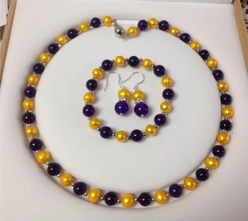 

shipping8-8.5mm Golden Akoya Cultured Pearl/stone Bracelet Necklace Earrings Set BV51 new