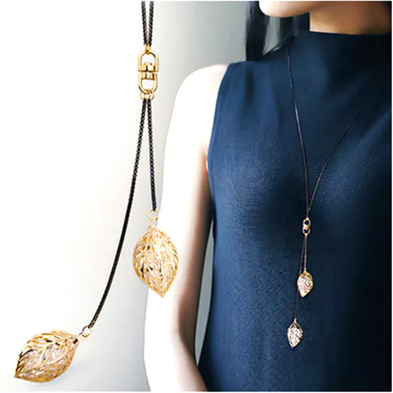 

Gold-Color Leaf Necklace Long Design Y Shaped Necklaces & Pendants Classic Trendy Jewelry Accessories All Match