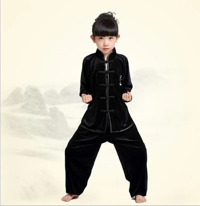 Children boy girl velvet thick Chinese traditional Wushu Costume Kimono clothing Kung Fu Suit Tai Chi Martial Art Uniform
