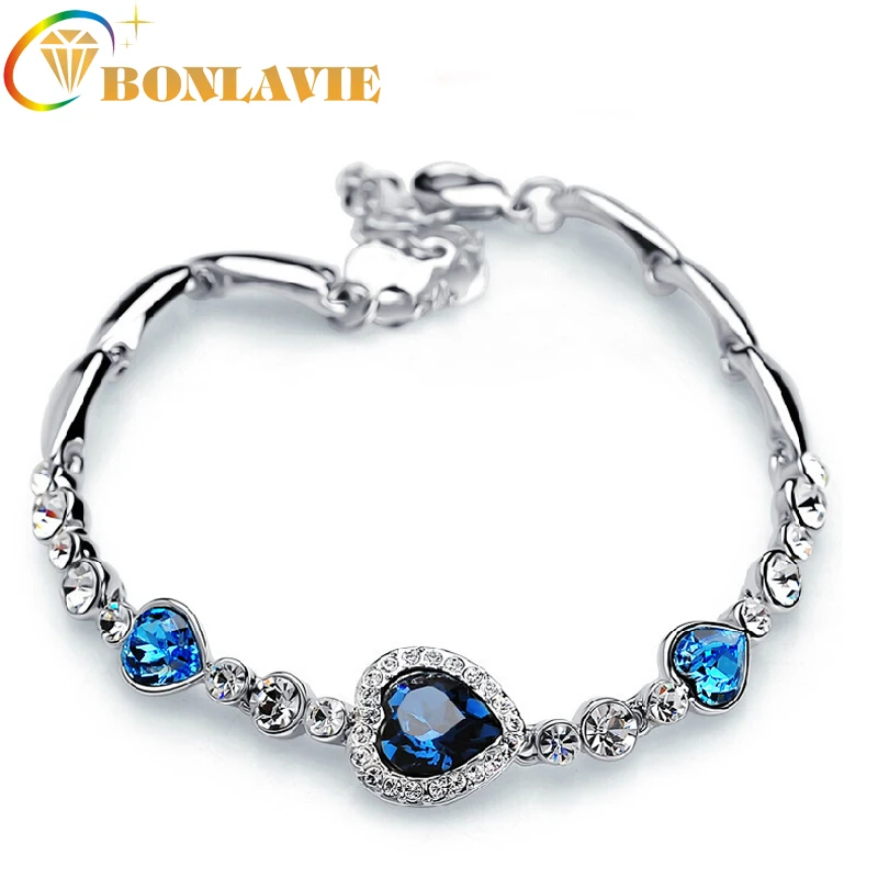 

2019 BONLAVIE 1 Piece Women Ocean Alloy Sliver Plated Blue Crystal Heart Bracelet Bracciali Donna Gift Jewelry Wholesale