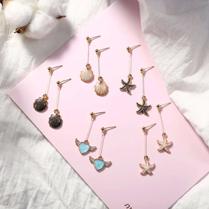 

Simple Design Cute Starfish Shell Heart Earrings for Women Girls Mental Thin Stick Drop Dangle Earring Gold Color Jewelry