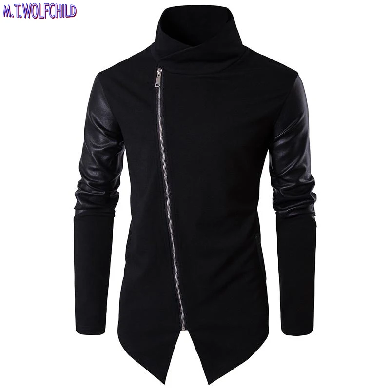 Fashion 2018 Mens long sleeve stand-collar PU patchwork knitted coats Diagonal zipper casual mens sweaters slim clothing |