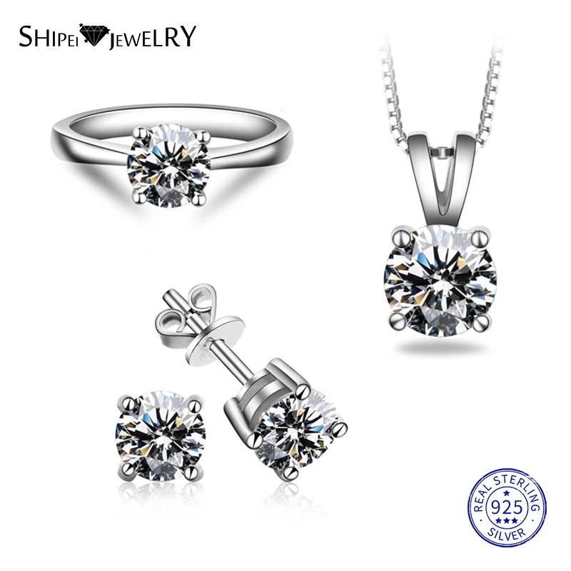 

Shipei 100% 925 Sterling Silver Jewelry Set White Gold 7 Color Sapphire Engagement Pendant Necklace Stud Earrings Ring for Women