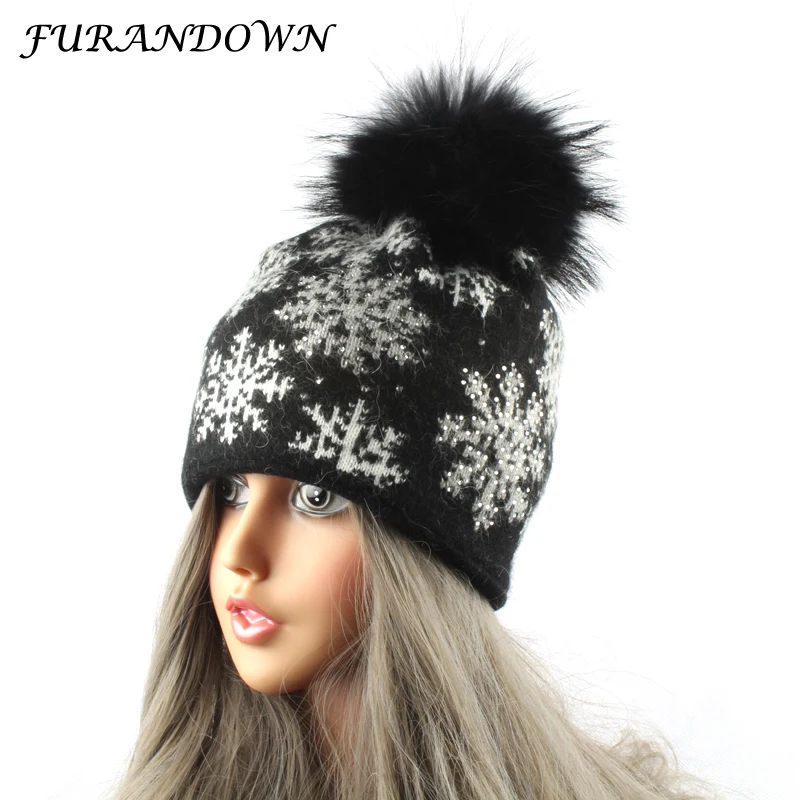 Najtaniej 2019 nowe czapki zimowe dla kobiet Rabbit Fur czapka z dzianiny Snowflake żakardowe czapki czapki prawdziwe pompon futrzany kapelusz
