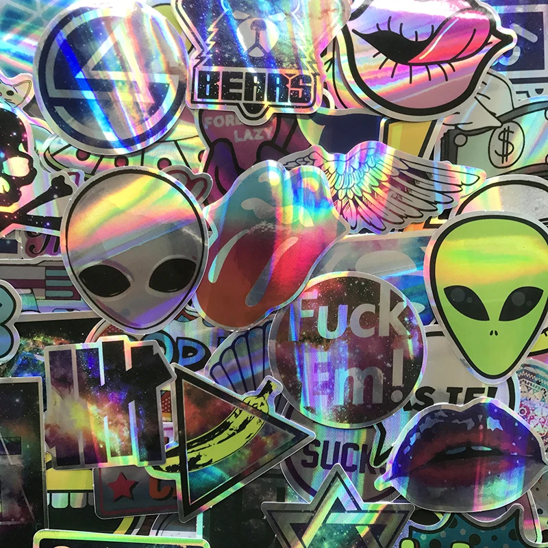 AQK 60Pcs/Lot Cool Motorcycle Laser Stickers Bomb Tide Brand ET Alien Decals For Skateboard Luggage Laptop Notebook Guitar Car