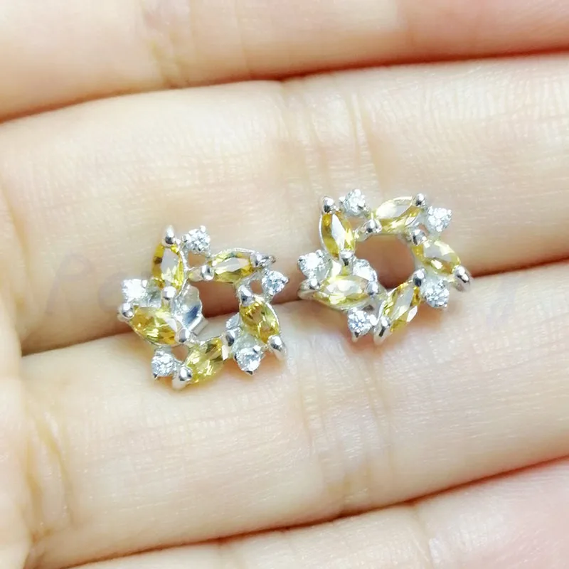 Natural real citrine flower stud earring 925 sterling silver Free shipping  Fine jewelry 0.1ct*10pcs gemstone #C943005