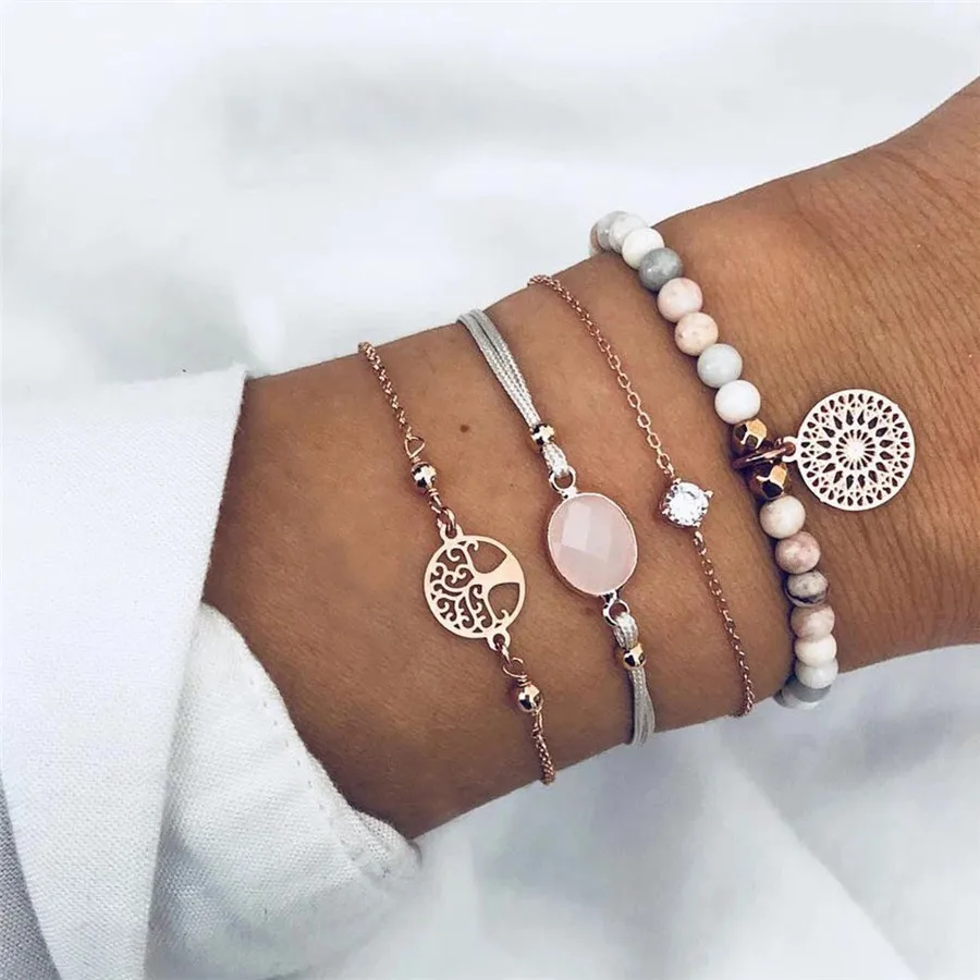 

Trendy Bracelets for Women Vintage Tree of Life Natural Stone Bead Strand Bracelet Set Pink Resin Crystal Armband Jewelry 4PCS