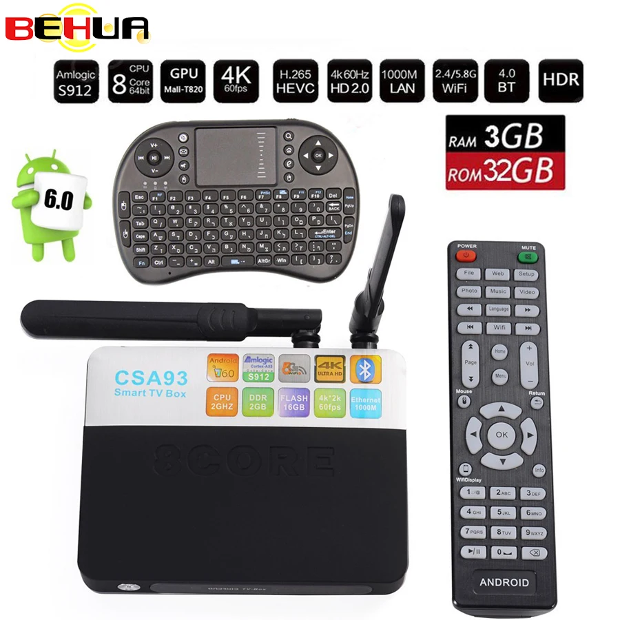

CSA93 Android 7.1 TV Box 3GB/32GB Amlogic S912 Octa Core Smart TV BOX Media Player Dual Wifi 2.4G/5.0G BT4.0 4K Media Player