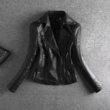 Мотоциклетная куртка из ПУ женская с длинным рукавом Короткая длина сплошной отложной воротник молния тонкая стандартной толщины Офисная Леди