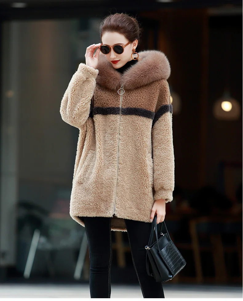 AYUNSUE Real Sheep Shearling Fur Coat Female Fox Fur Collar Real Woo Coats Winter Jacket Women Suede Lining Korean Outwear MY