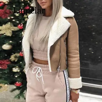 

Laipelar 2019 Autumn Winter Jacket Women Lapel Suede Leather Buckle Cool Pilot Jacket Faux Lamb Wool Motorcycle Jackets