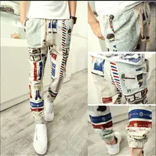 M-3XL Весна и лето Новая повседневная мужская Лен штаны-шаровары личность граффити Облегающие штаны модные брюки в стиле панк певица костюмы