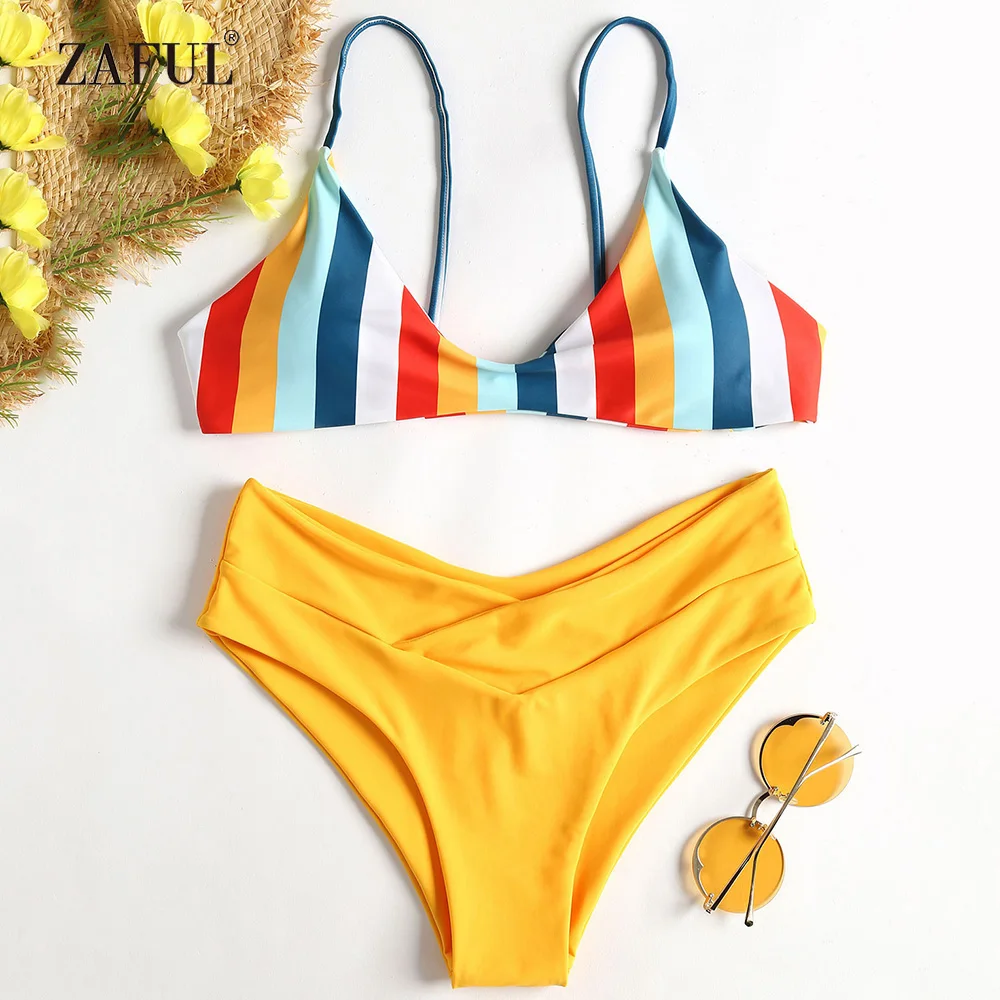  ZAFUL Rainbow Bikini 2018 Striped Swimwear Women High Waisted Swimsuit Sexy Spaghetti Straps Padded