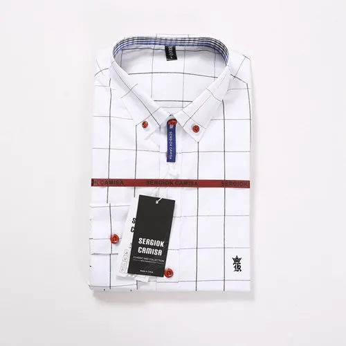 Sergio k Camisa Марка Для мужчин одежда Slim Fit Для мужчин рубашка с длинными рукавами Для мужчин клетчатая хлопковая Повседневное Для мужчин рубашка социальных размера плюс 5xl Dudalina - Цвет: 1-SK1311 WHITE