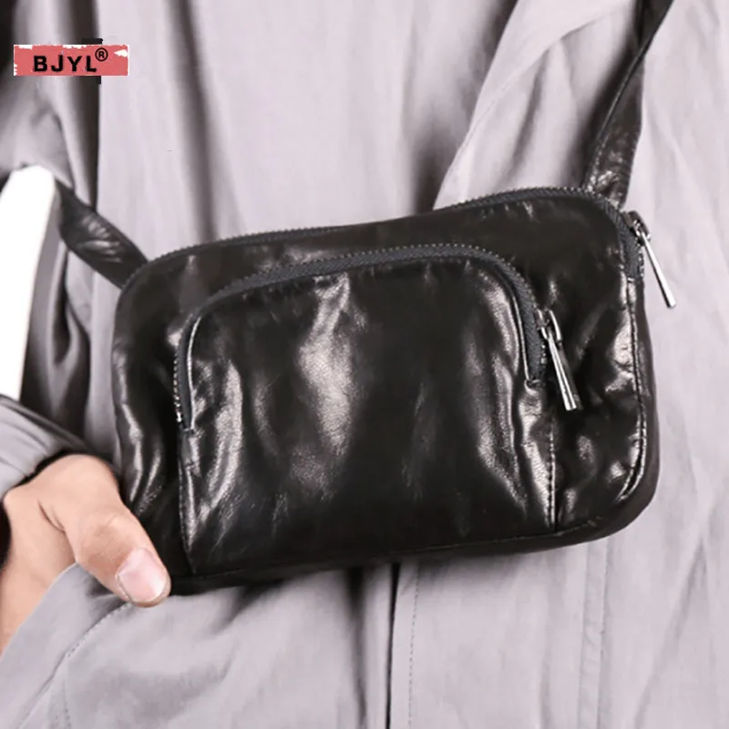 

BJYL genuine Leather handmade men shoulder oblique cross casual mini bag goatskin mobile phone bag male general messenger bags