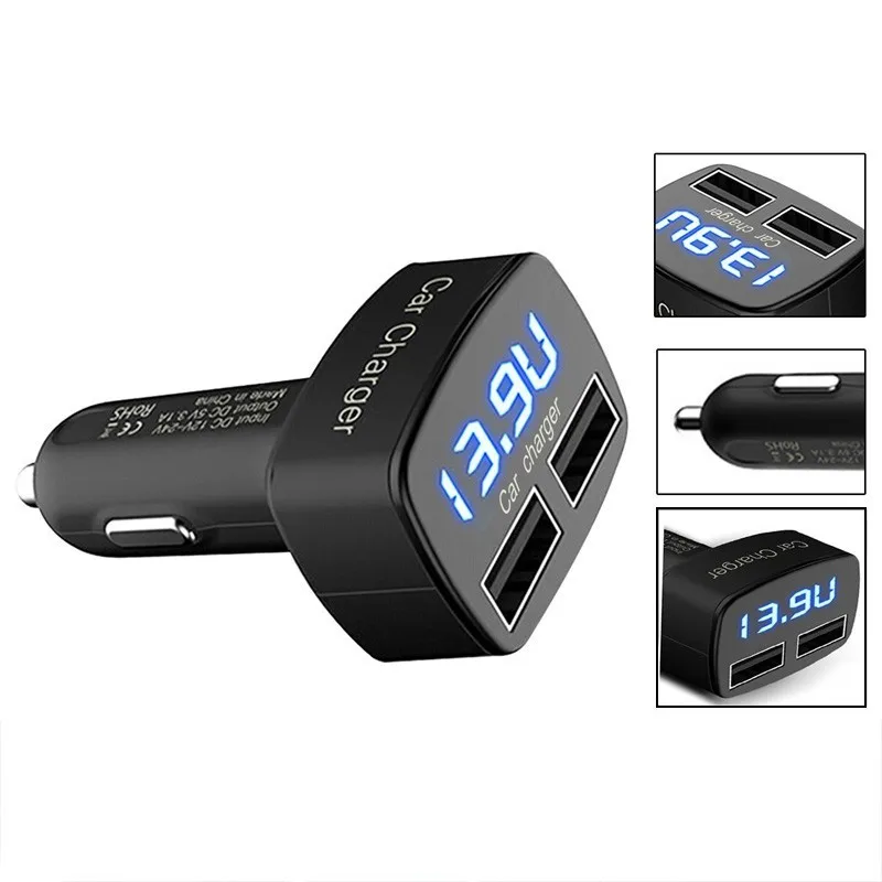شاحن سيارة 4 في 1 المزدوج USB DC 5 V 3.1A مهايئ عام مع الجهد/درجة الحرارة/الحالي متر فاحص شاشة LED رقمية