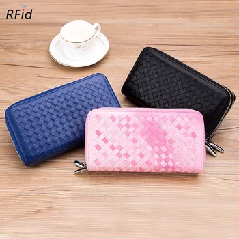 

Men RFID Wallet Women Genuine Leather Clutch Knitting Designer Purse Lady Double Zipper Soft Sheepskin Hand Bags Portefeuille