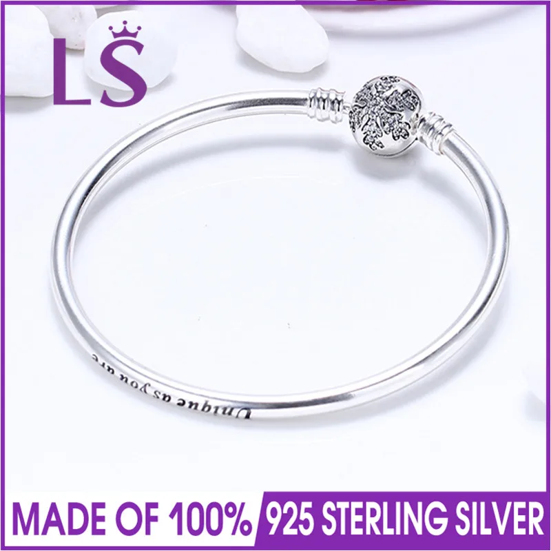 

LS Real 100% 925 Sterling-Silver-Jewelry Clear CZ Clasp Bangle Unique Snowflake Bangle Bracelet for Women Jewelry W