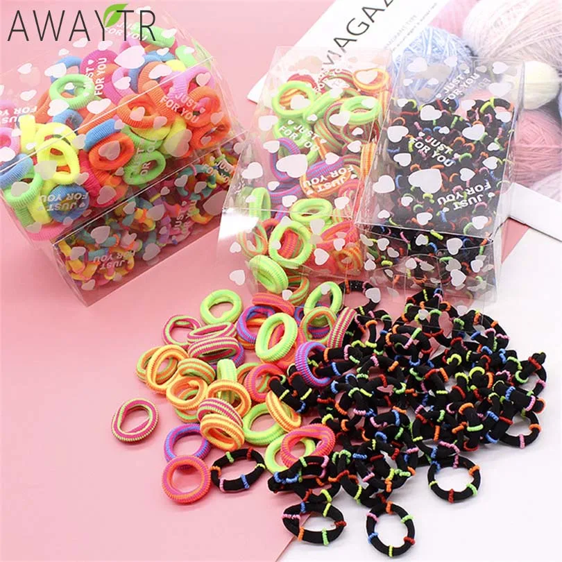 

AWAYTR 50pcs/lot Candy Children Colors Elastic Thin Hair Bands Cute Multicolor Stretch Cotton Rubber Bands Hair Ties Scrunchies