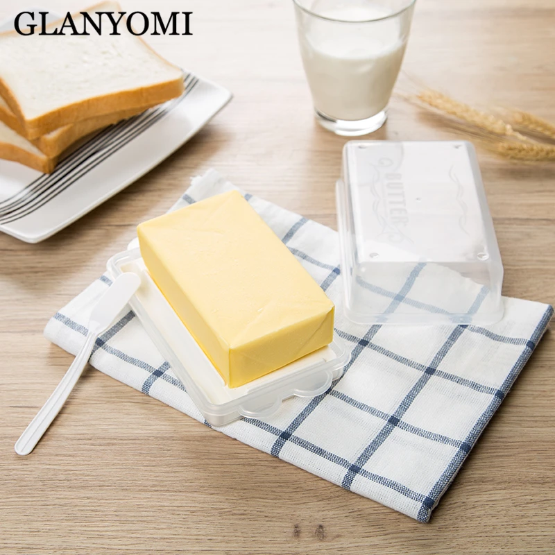 

GLANYOMI Japan Original Transparent Butter Storage Box Case Container Cheese Server Keeper Tray with Knife & Partition