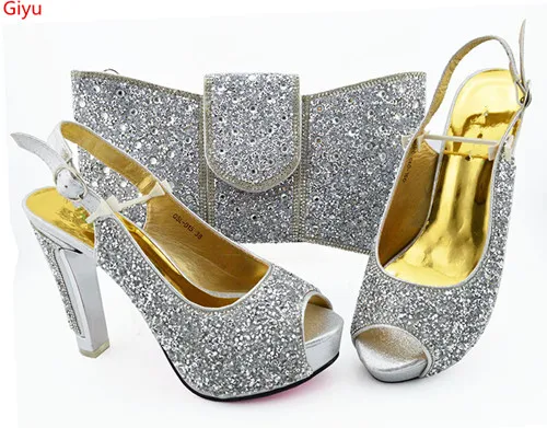 

doershow silver Shoes and bag maching set in summer High heel with smart hand bag matching set African Shoes and bag set!JKP1-37