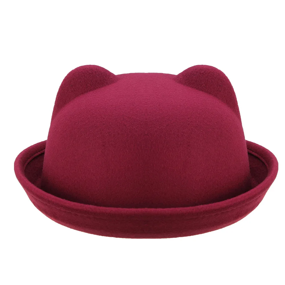 Модная шерстяная фетровая женская шляпа от солнца, винтажная женская шляпа Боулер Дерби, летняя шляпа с кошачьими ушками, шапка с животными, не деформированная хорошая упаковка 20 - Цвет: Wine red