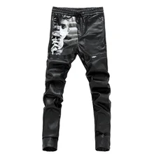 Высококачественные мужские кожаные брюки, красивые корейские облегающие обтягивающие брюки для волос, мужские повседневные мужские черные трусы брюки с принтом 25
