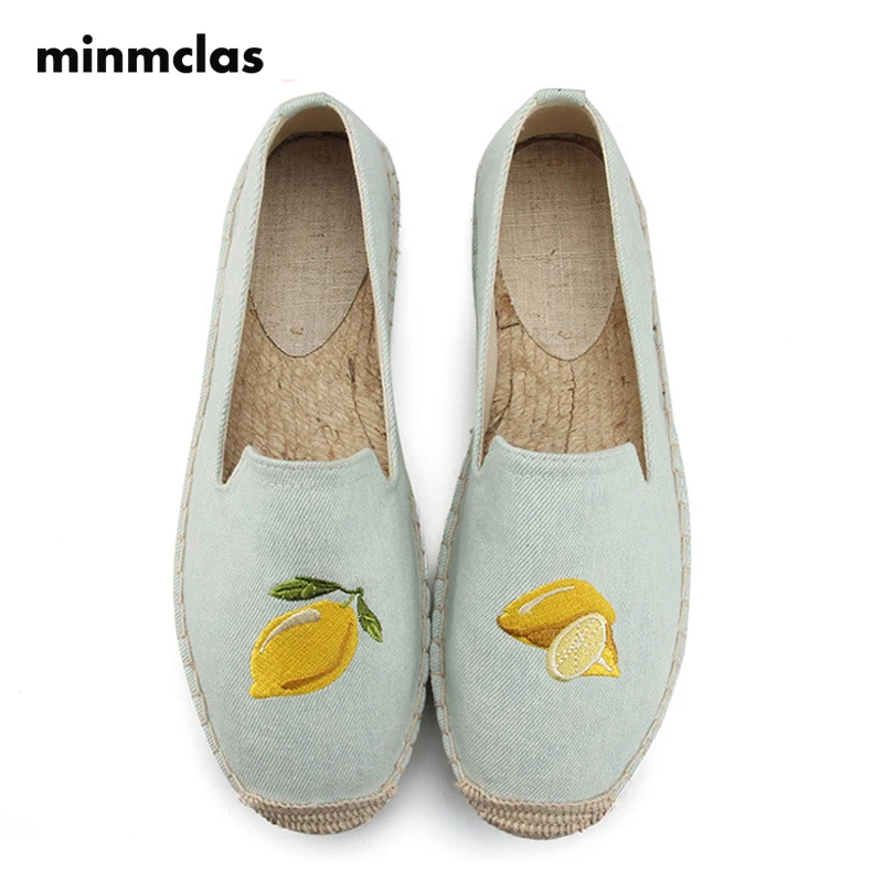 

Minmclas New Fashion Embroidery Lemon Comfortable Ladies Womens Casual Espadrilles Shoes Breathable Flax Hemp Canvas for Girls