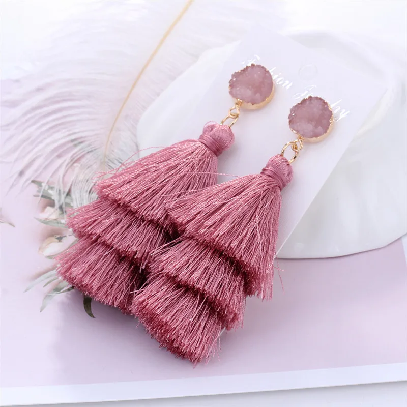 HTB1kxhvXEjrK1RkHFNRq6ySvpXaf - HOCOLE Boho Long Tassel Earrings Multi-layer Red Blue Yellow Silk Fabric Long Drop Earring For Women Wedding Statement Jewelry