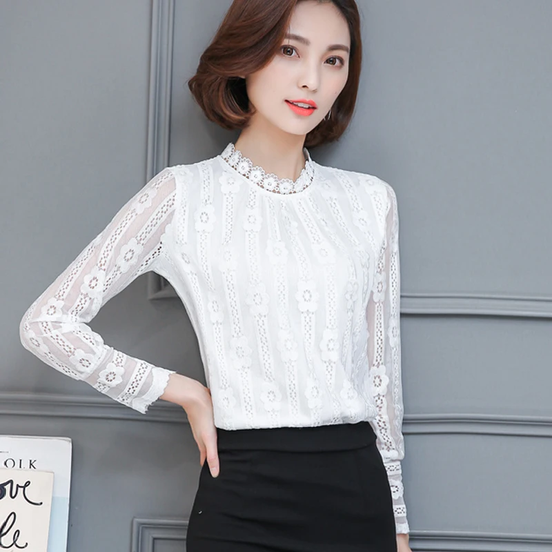 

Free shipping New 2017 fashion round neck women white lace Long sleeve Lace blouse shirt sexy summer hollow out Black shirt 169B
